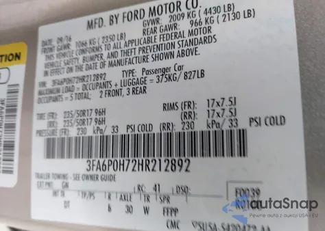 2017 Ford Fusion Se из США, поврежденный, VIN 3FA6P0H72HR212892